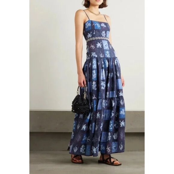 AGUA BY AGUA BENDITA Lima Tiered Embellished Embroidered Linen Maxi Dress L - Picture 1 of 11
